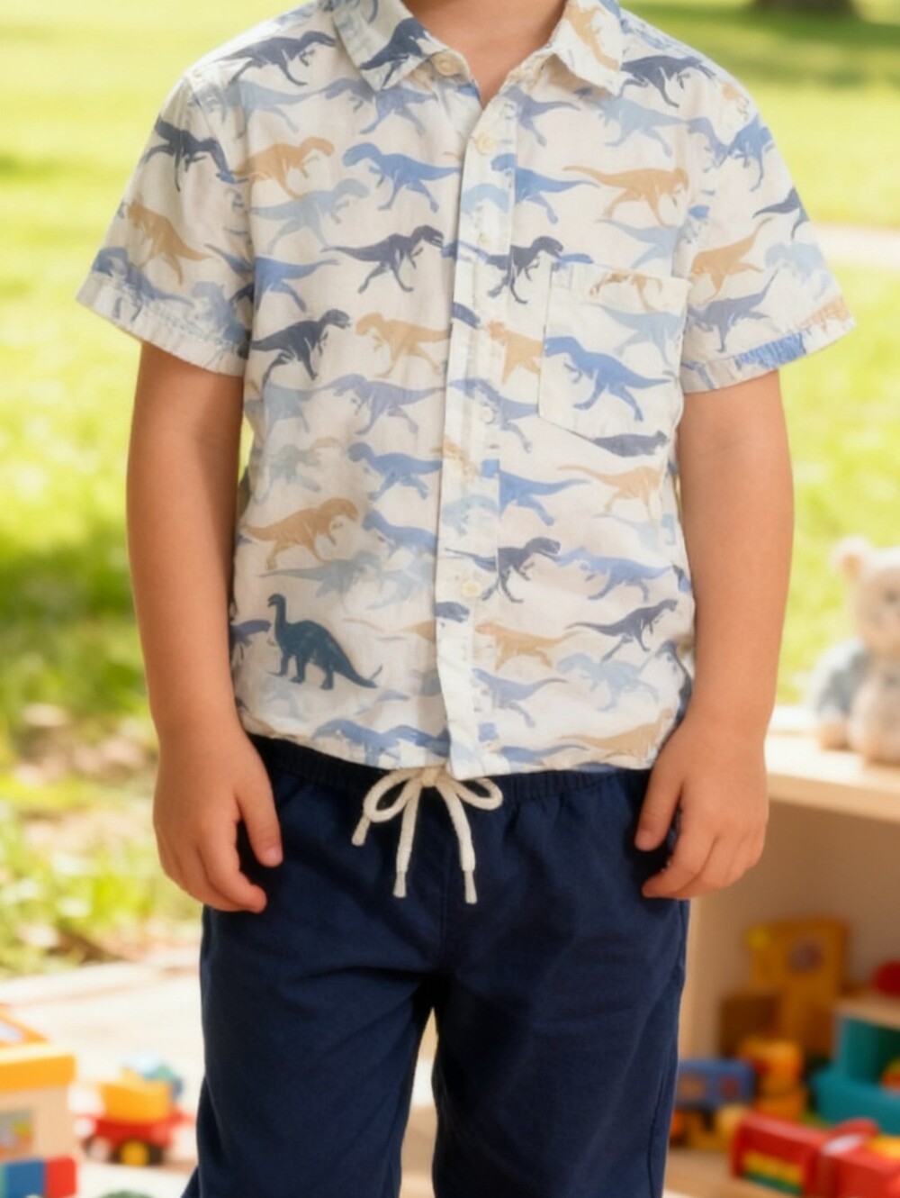 Free Planet Boys Dino Print Short Sleeve Shirt and Navy Jogger Set